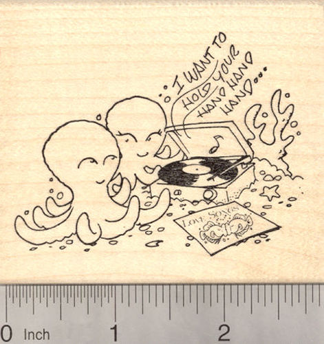 Octopus Sweethearts Rubber Stamp, Valentine's Day, Vinyl Record Player