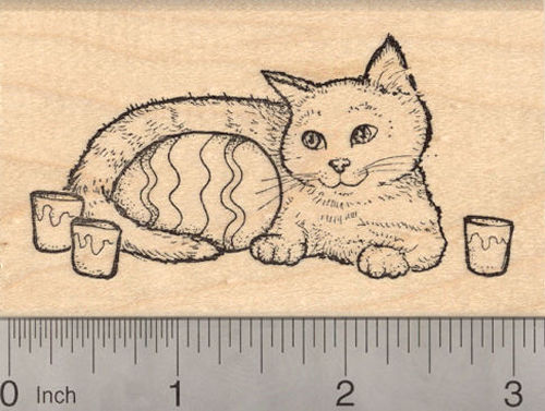 Easter Cat with Painted Egg Rubber Stamp