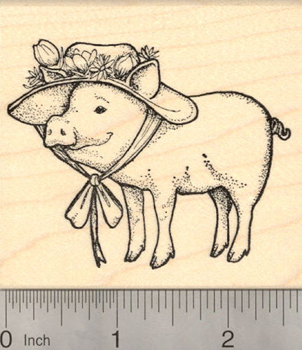 Easter Pig in Bonnet Rubber Stamp