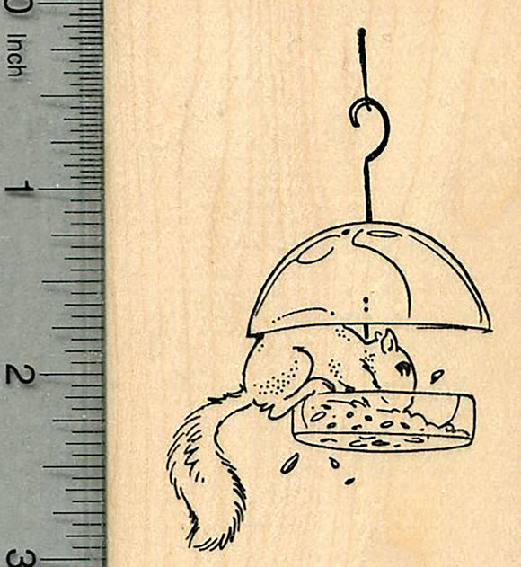 Squirrel Raiding Bird Feeder Rubber Stamp