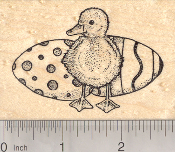 Easter Duckling Rubber Stamp, Baby Duck with Colored Eggs