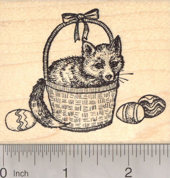 Easter Fox Rubber Stamp, Red Kit in Basket with Eggs