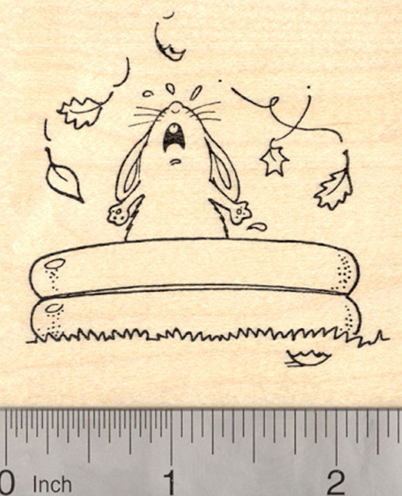 End of Summer Rabbit Rubber Stamp, Falling Autumn Leaves, Swimming Pool