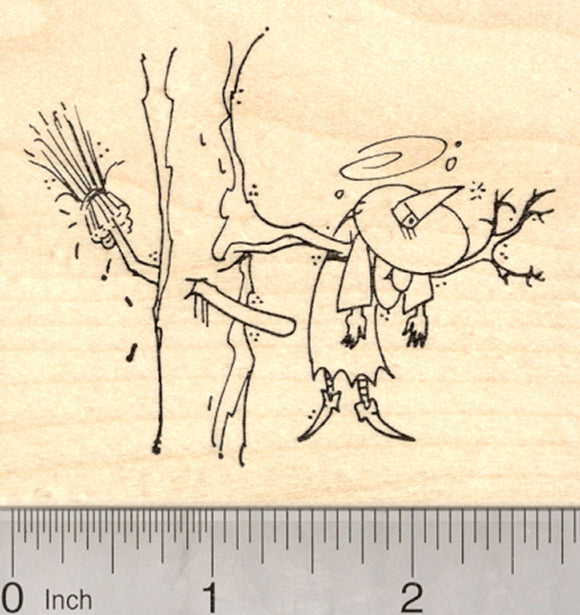 Halloween Witch Rubber Stamp, Broom Crashed into Tree