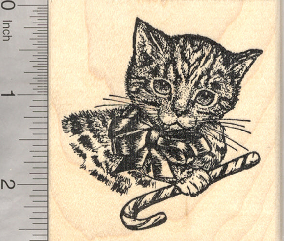 Christmas Cat Rubber Stamp, Tabby with Candy Cane