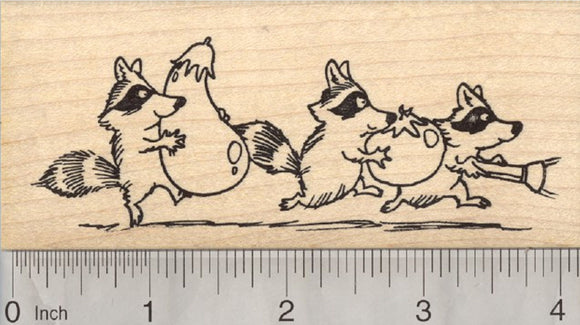 Garden Bandits Rubber Stamp, Raccoon Stealing Vegetables