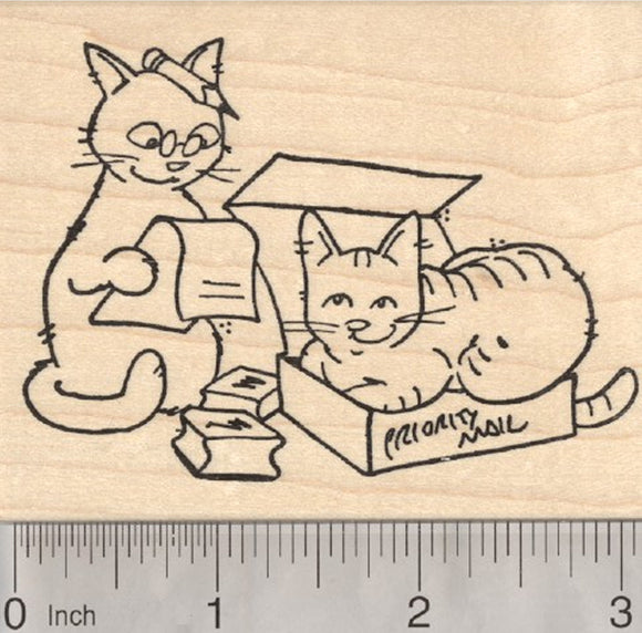 Cat Rubber Stamp, Packing Pal in Shipping Box