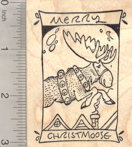 Merry Christmas Moose Rubber Stamp, Pulling Santa's Sleigh