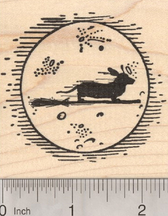 Halloween Dachshund Witch Rubber Stamp, Flying past Moon