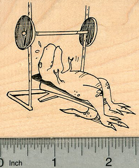 Weightlifting Dinosaur Rubber Stamp, T-rex Bench Press