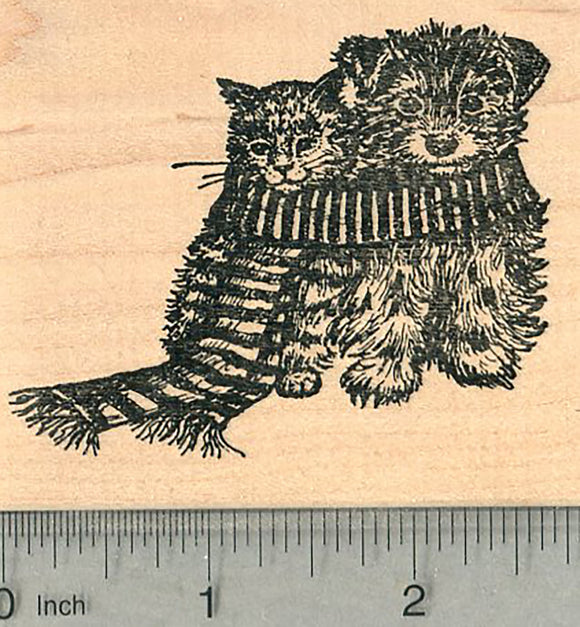 Holiday Cat and Dog Rubber Stamp, Kitty and Terrier in Scarf, Christmas