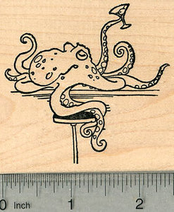 Octopus in Tavern Rubber Stamp, on Bar Stool with Martini