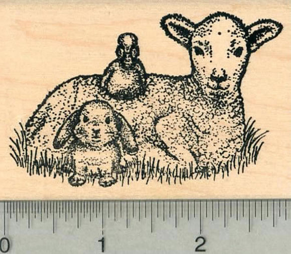 Easter Lamb Rubber Stamp, with Duck and Bunny Rabbit, Spring Series