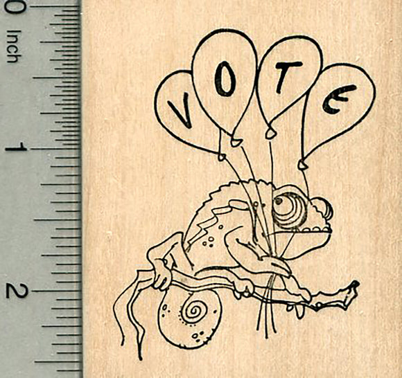 Vote Rubber Stamp, Chameleon with Balloons