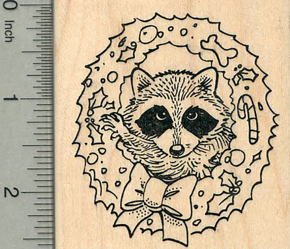 Christmas Raccoon Rubber Stamp, in Holiday Wreath