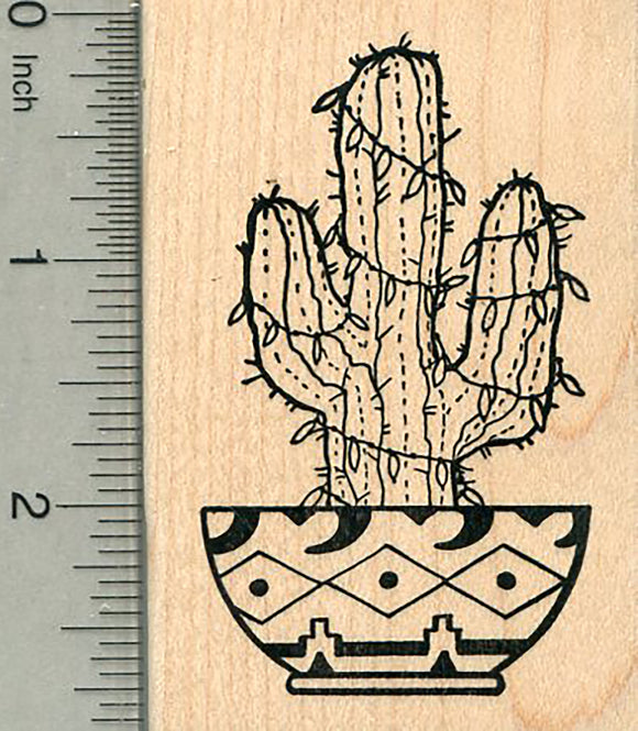 Southwest Christmas Rubber Stamp, Saguaro Cactus with Holiday Tree Lights