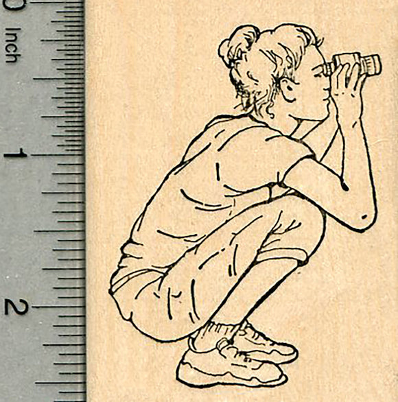 Woman with Binoculars Rubber Stamp, Bird Watching Series, Crouching