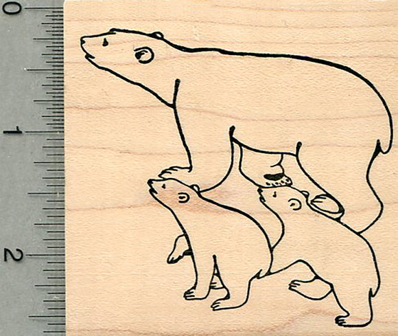 Polar Bear Rubber Stamp, Mom with two Cubs