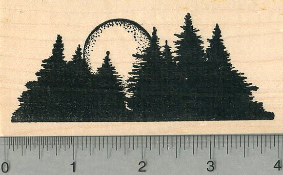 Evergreen Trees Rubber Stamp, Sunrise or Sunset, Scenery Series