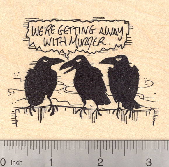 Murder of Crows Rubber Stamp, Three Raven Birds on a Fence