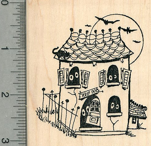 Haunted House Rubber Stamp, with Bats, Halloween Series