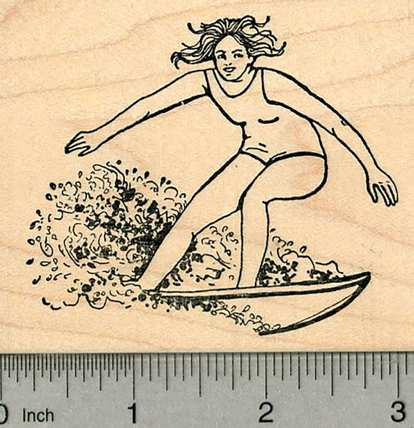 Surfing Woman Rubber Stamp, Summer Beach Series
