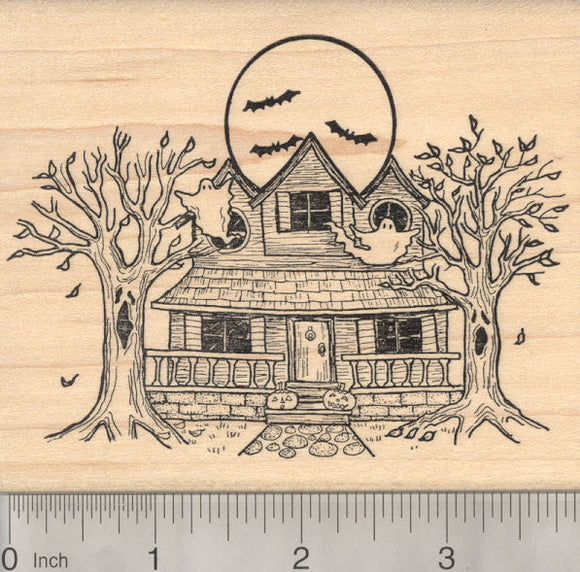 Halloween Haunted House Rubber Stamp Featuring Ghosts, Bats, and Haunted Trees