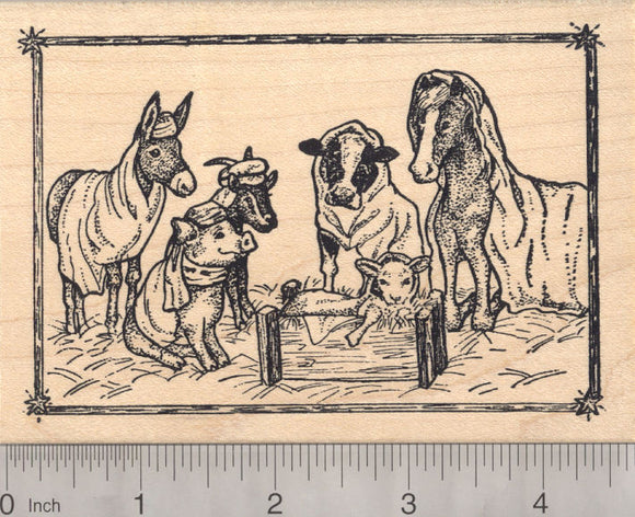 Barn Christmas Nativity Scene Rubber Stamp with donkey, horse, cow, pig, goat, and lamb