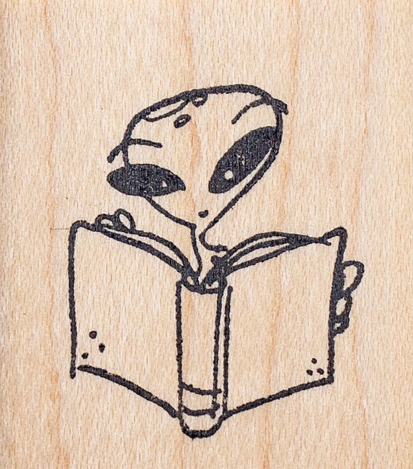 Alien Reading Rubber Stamp, with Book