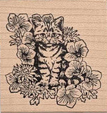 Tabby Cat Rubber Stamp, Kitten in Flowers
