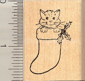 Christmas Cat Rubber Stamp, in stocking