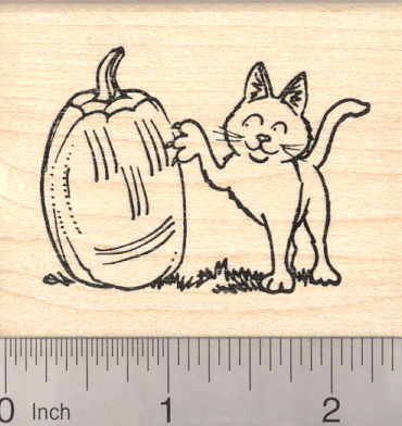 Halloween Cat Rubber Stamp. Scratch Pumpkin