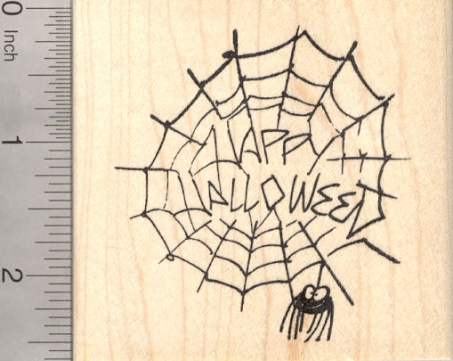 Happy Halloween Spider in Web Rubber Stamp