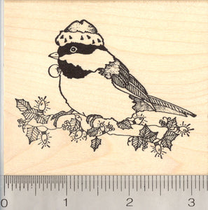 Christmas Chickadee Rubber Stamp, Black Capped Bird in Santa Hat