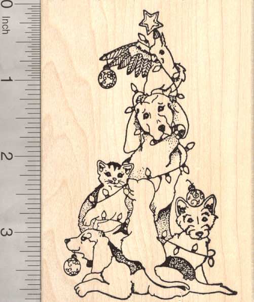 Christmas Pet Tree Rubber Stamp, Cat. Cockatoo Labrador and Terrier