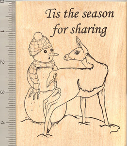 Tis the Season Rubber Stamp, Deer and Snowman, Holiday or Christmas