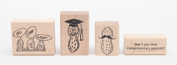 4 Pc. Peanut Rubber Stamp Set (Complimentary, Graduation, Mustache) Wood Mounted