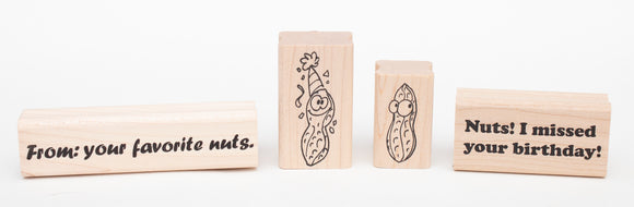 4 Pc. Peanut Rubber Stamp Set (Party Nut, Favorite Nuts, Side Eye, Missed Birthday) Wood Mounted