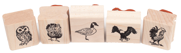 5 Piece Tiny Rubber Stamp Set (Owl, Turkey, Goose, Eagle, Rooster) Wood Mounted