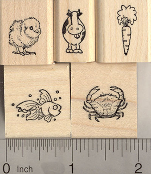 5 Tiny Rubber Stamps for Menu and Place Card Marking (Carrot, Chick, Fish, Cow, and Crab)