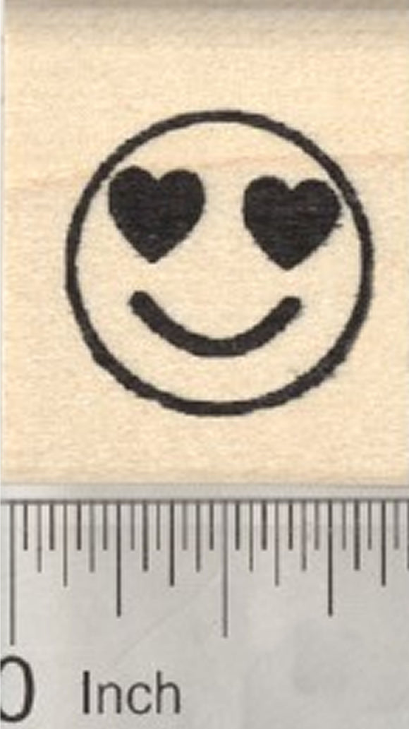 Smiling Face Rubber Stamp, with Heart-Shaped Eyes, .75 inch Emoji