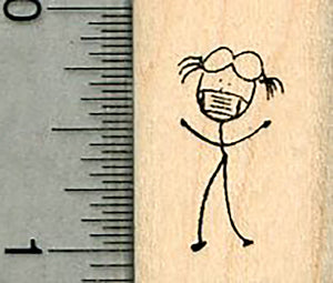 Tiny Girl Rubber Stamp, Masked Stick Figure Family