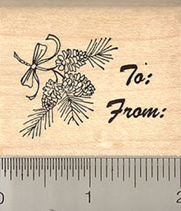 Christmas Gift Tag Rubber Stamp, To and From Pine Cone, Conifer