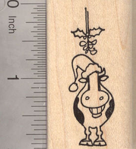 Christmas Grinning Cow with Mistletoe and Santa Hat Rubber Stamp