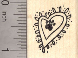Paw Print on Heart Rubber Stamp, Valentine's Day