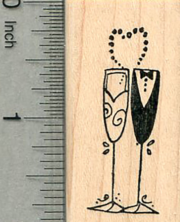 Bride and Groom Wedding Rubber Stamp, Champagne Glasses