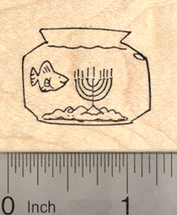 Hanukkah Fish Bowl Rubber Stamp, with Menorah