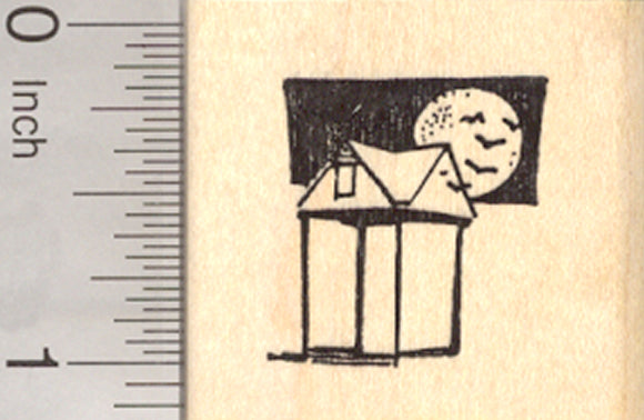 Small Bat House Rubber Stamp, with Full Moon and Bats