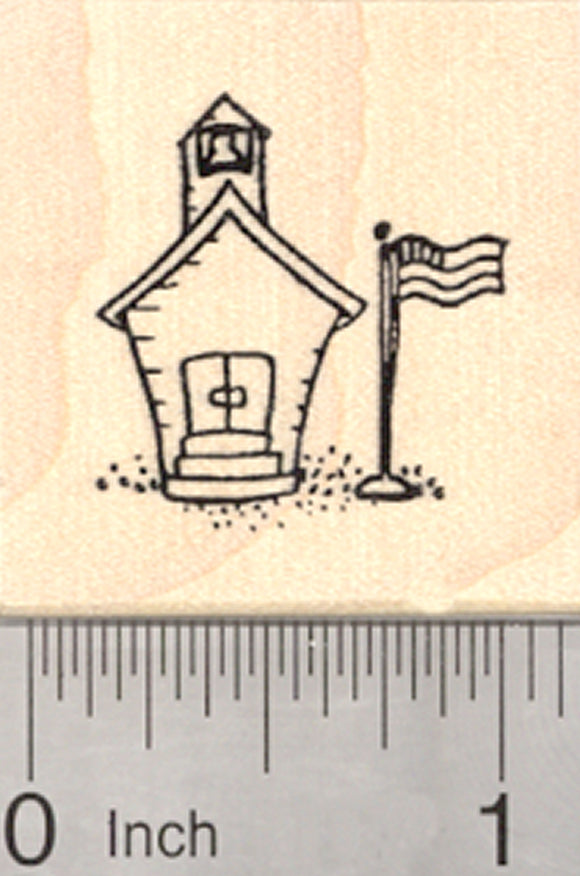 Tiny Schoolhouse Rubber Stamp, One Room School with Flag and Bell