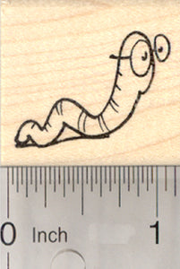 Bookworm Rubber Stamp, Reading Worm Wearing Glasses